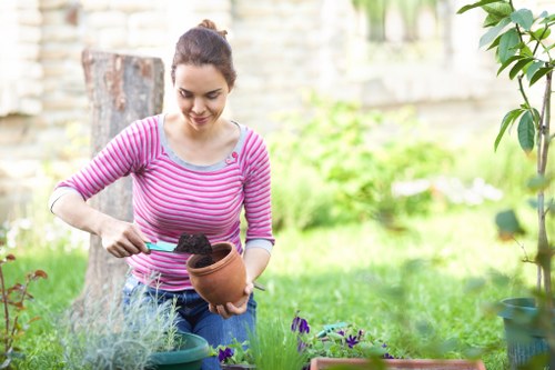 Team member trimming shrubs in a Forest Hill garden
